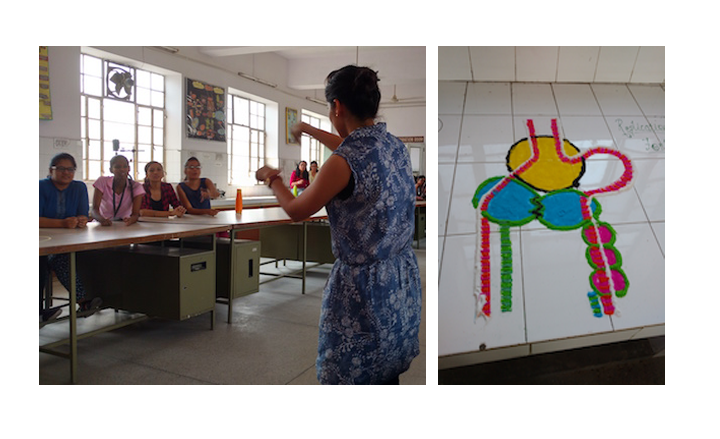 Students&#x20;playing&#x20;Charades&#x20;to&#x20;review&#x20;key&#x20;&#x20;concepts&#x20;&#x28;left&#x29;&#x20;&#x3B;Rangoli&#x20;illustrating&#x20;DNA&#x20;replication&#x20;&#x28;right&#x29;