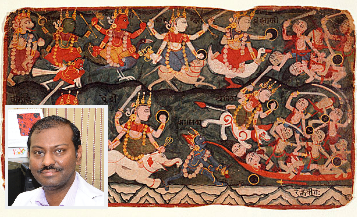 An&#x20;18th&#x20;century&#x20;painting&#x20;depicting&#x20;the&#x20;demon&#x20;Rakthabeeja&#x3B;&#x20;inset&#x3A;&#x20;Aravindhan&#x20;Vivekanandhan