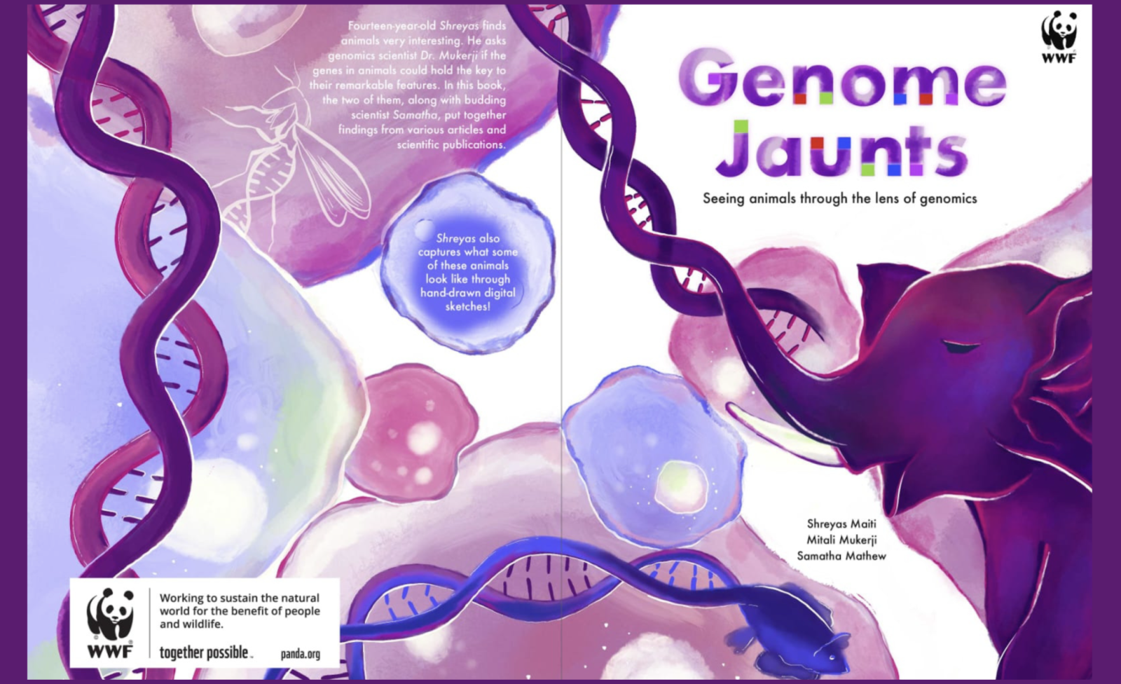 The&#x20;full&#x20;book&#x20;cover&#x20;of&#x20;Genome&#x20;Jaunts&#x3A;&#x20;Seeing&#x20;animals&#x20;through&#x20;the&#x20;lens&#x20;of&#x20;genomics,&#x20;designed&#x20;and&#x20;illustrated&#x20;by&#x20;Surbhi&#x20;Badhani,&#x20;WWF-India.