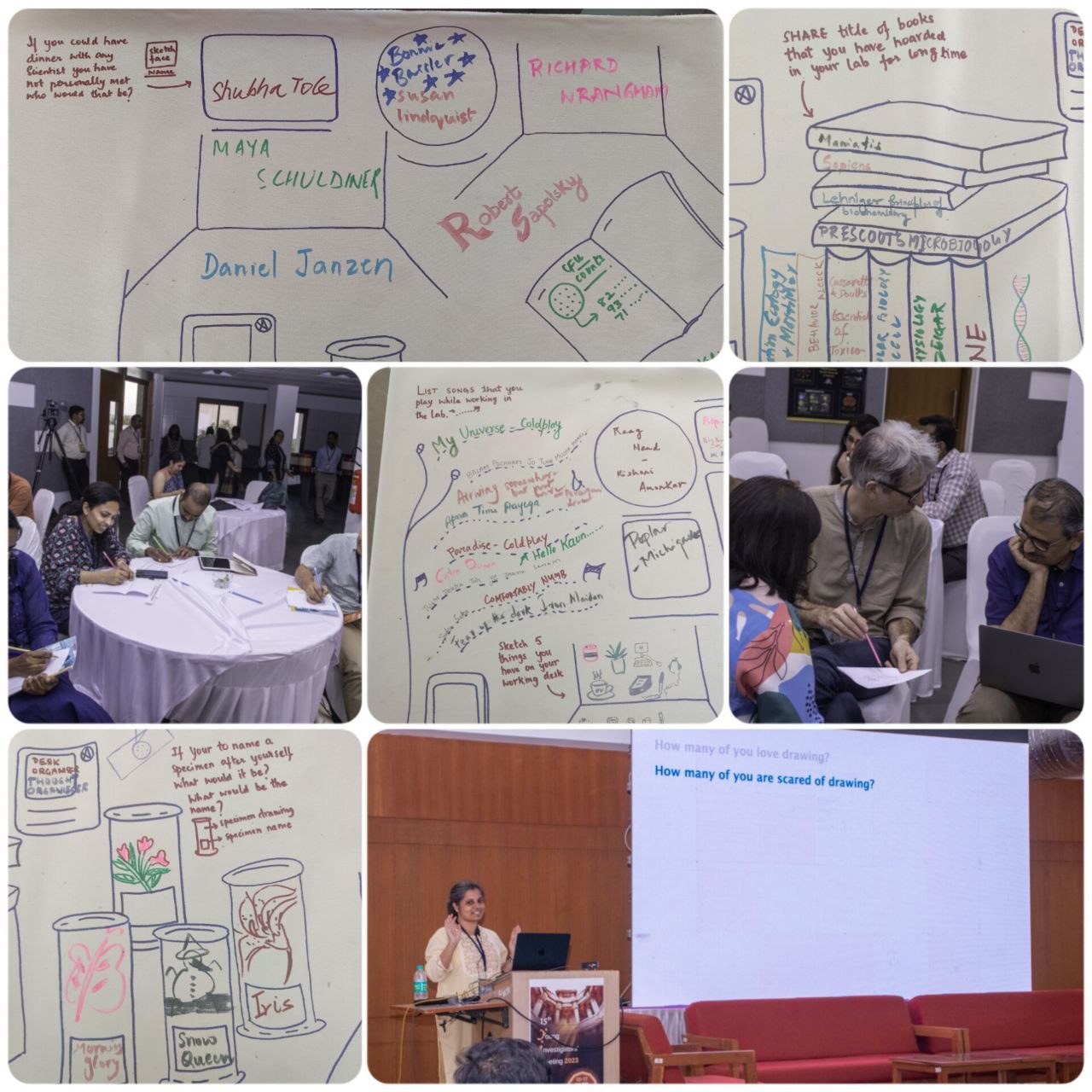 Glimpses from 'Draw (your) Science' session and canvas responses installed by Ipsa Jain at YIM 2023