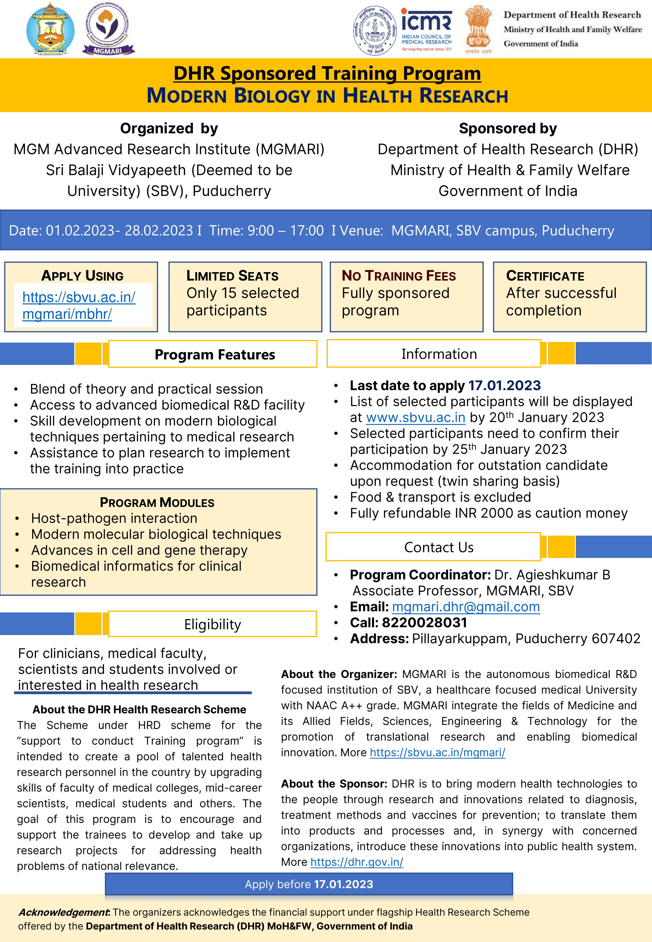 DHR Sponsored Training Program - Modern Biology in Health Research -  IndiaBioscience