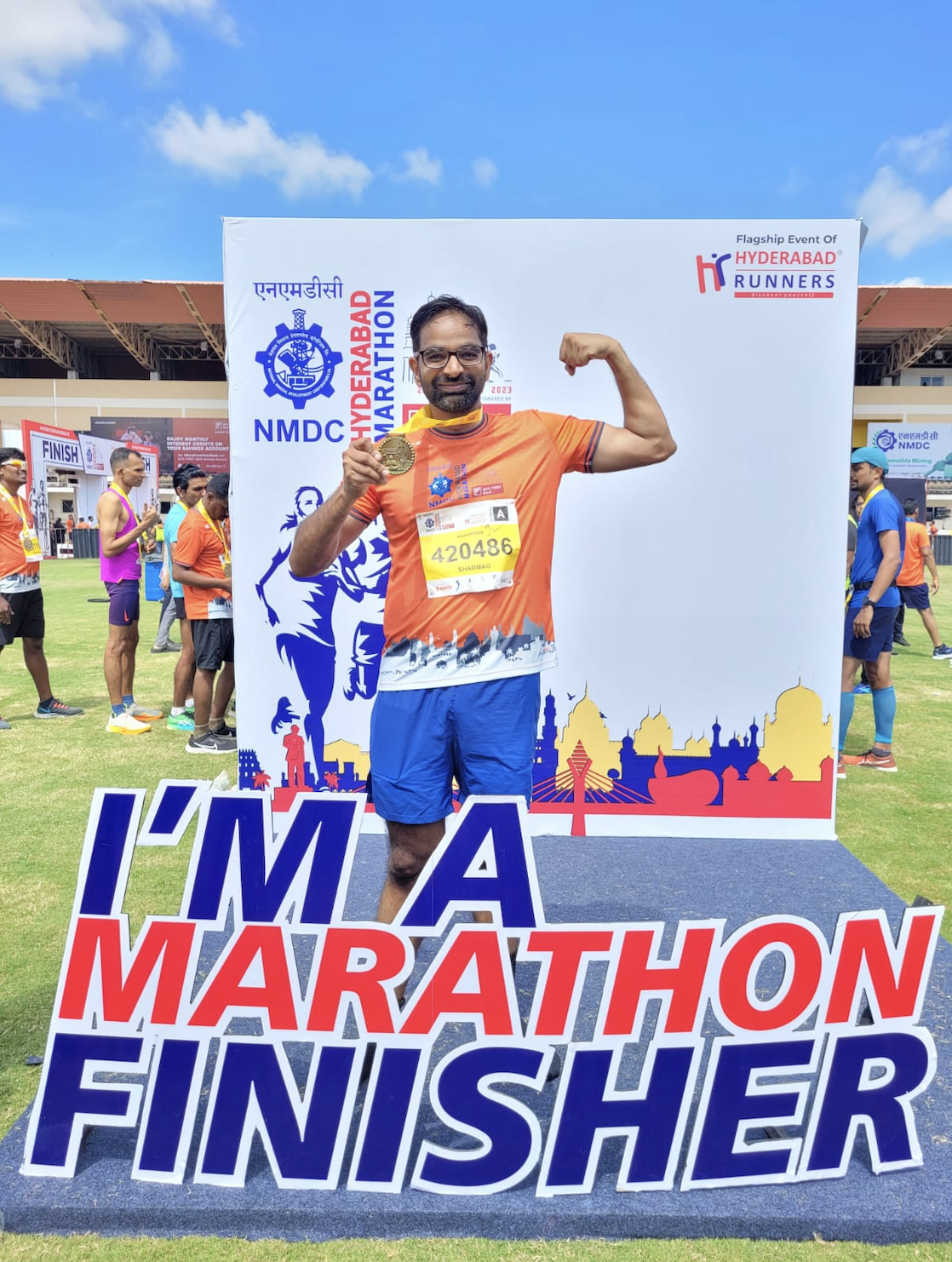 Finishing the NMDC Hyderabad Marathon on 27 Aug 2023. Photo Credit: Himanshu Joshi