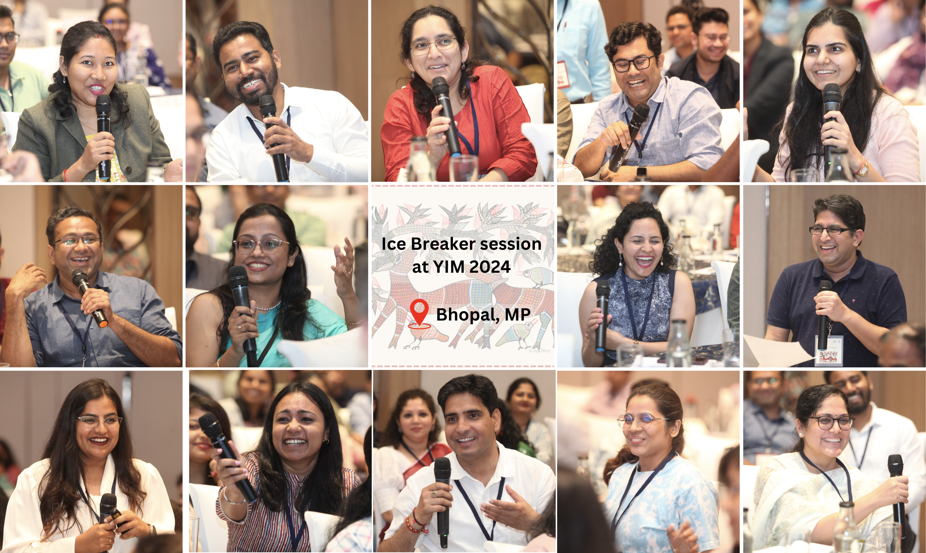 Ice breaker session at YIM 2024, collage by Ankita Rathore. Photo credits: IndiaBioscience