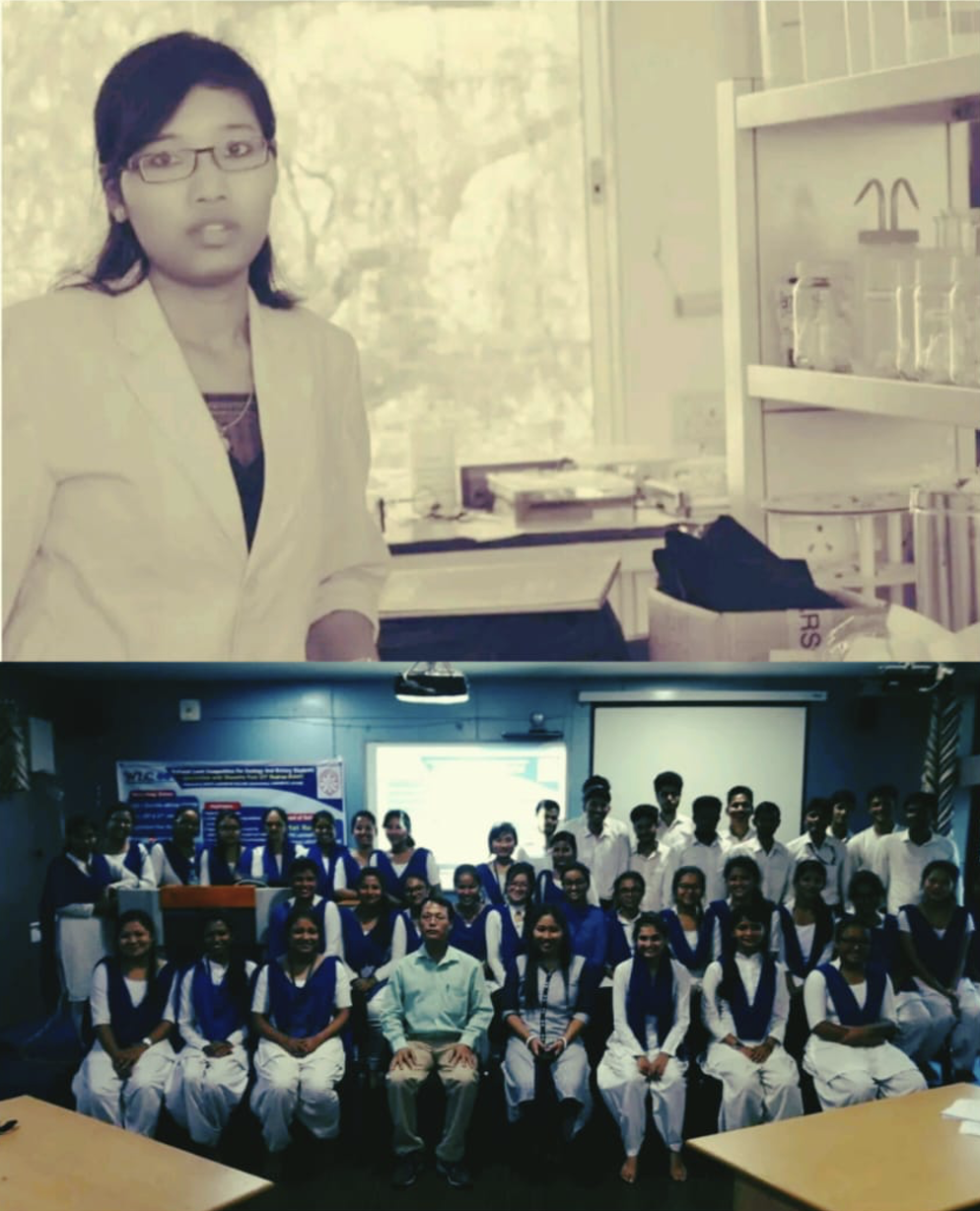 (Above) Dhanawantari L. Singha in the third year of her PhD. Photo Credit: Mr. Birla Singha. (Below) Dhanawantari L. Singha sharing valuable lab insights with students at North Lakhimpur College, Assam, as an invited resource person. Photo Credit: Department of Botany, North Lakhimpur College