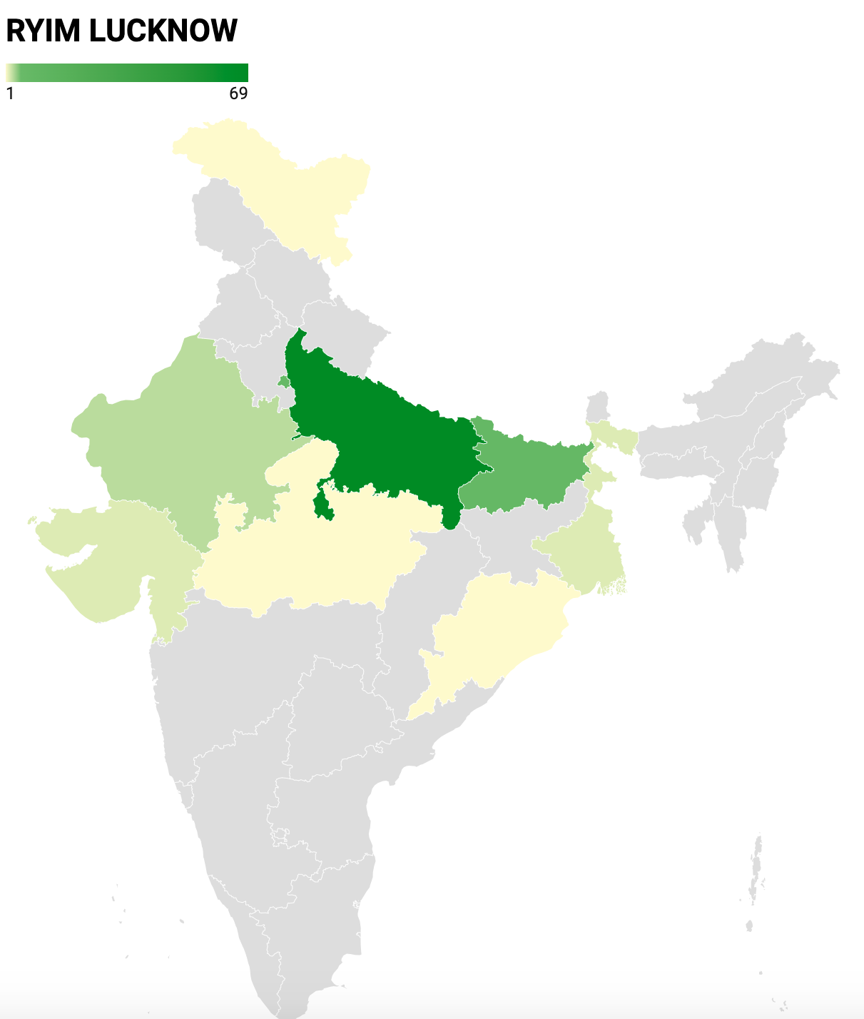 Map of India showing representation of RYIM Lucknow participants encompassing participation from seven states and two union territories using Datawrapper tool. Credit: Vedant Chaubey