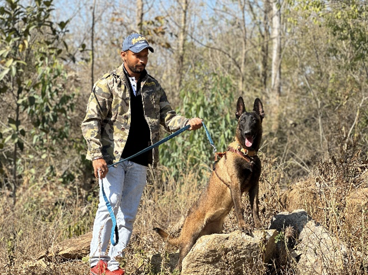 Canine behaviour expert assessing the Belgian Malinois canine breed on-field for the EaDDS project. Photo Credit: Priya James