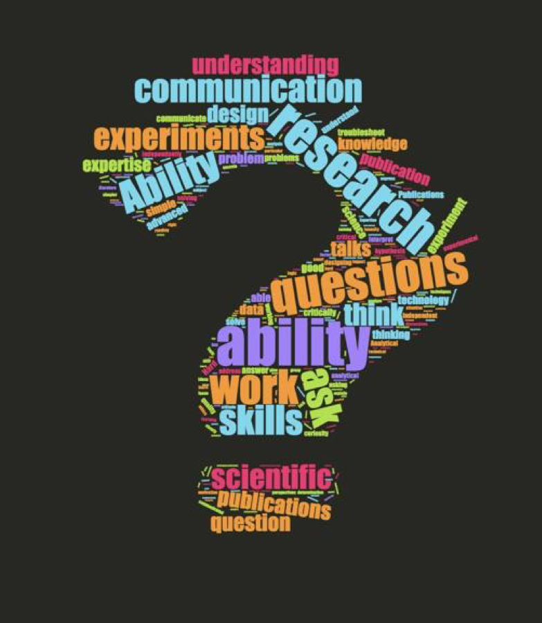 Word-cloud visualizing answers to the question "What do you think indicates "quality" in a doctoral student?"