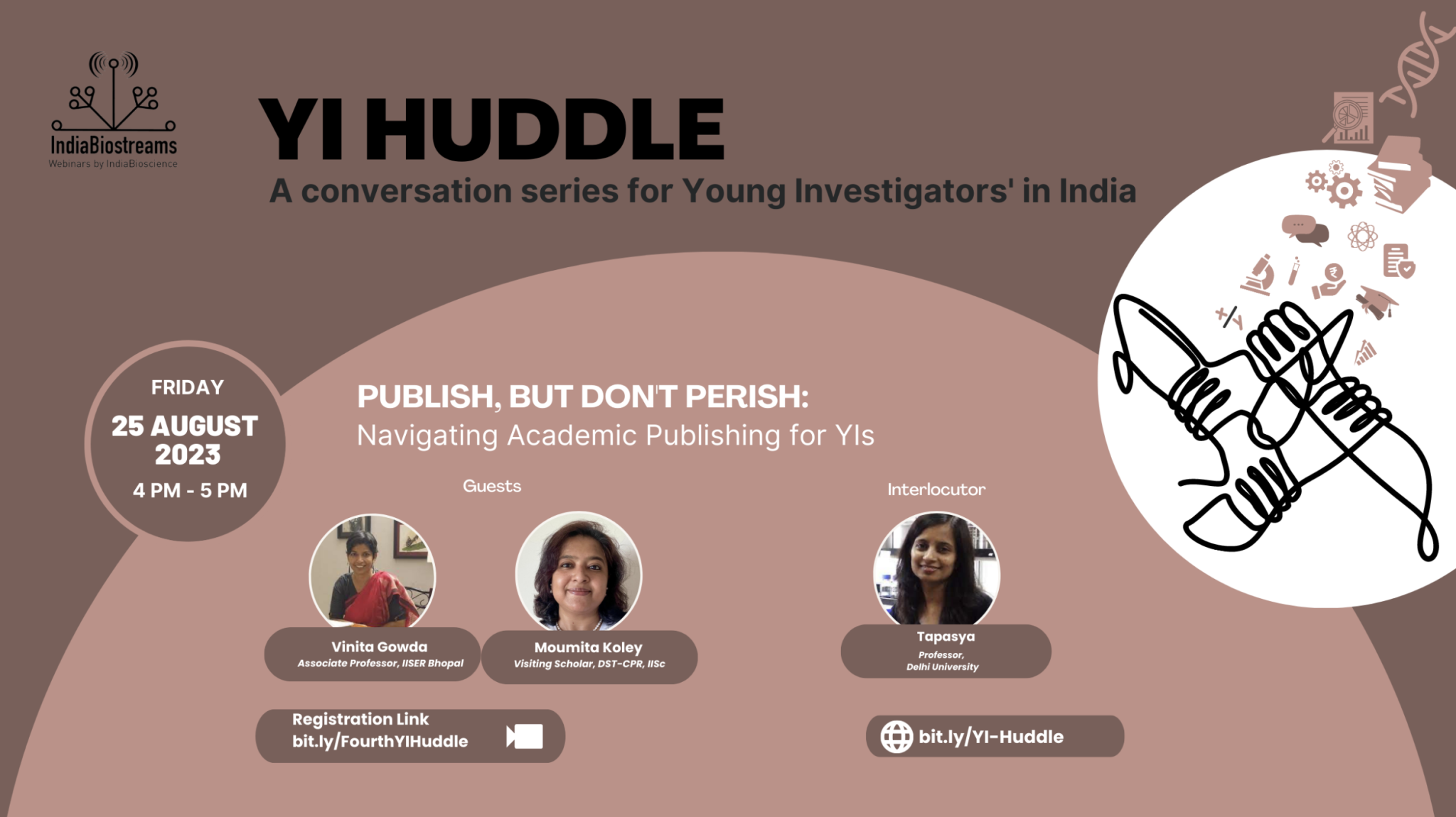 IndiaBioscience YI Huddle 8 webinar on navigating academia publishing for YIs.