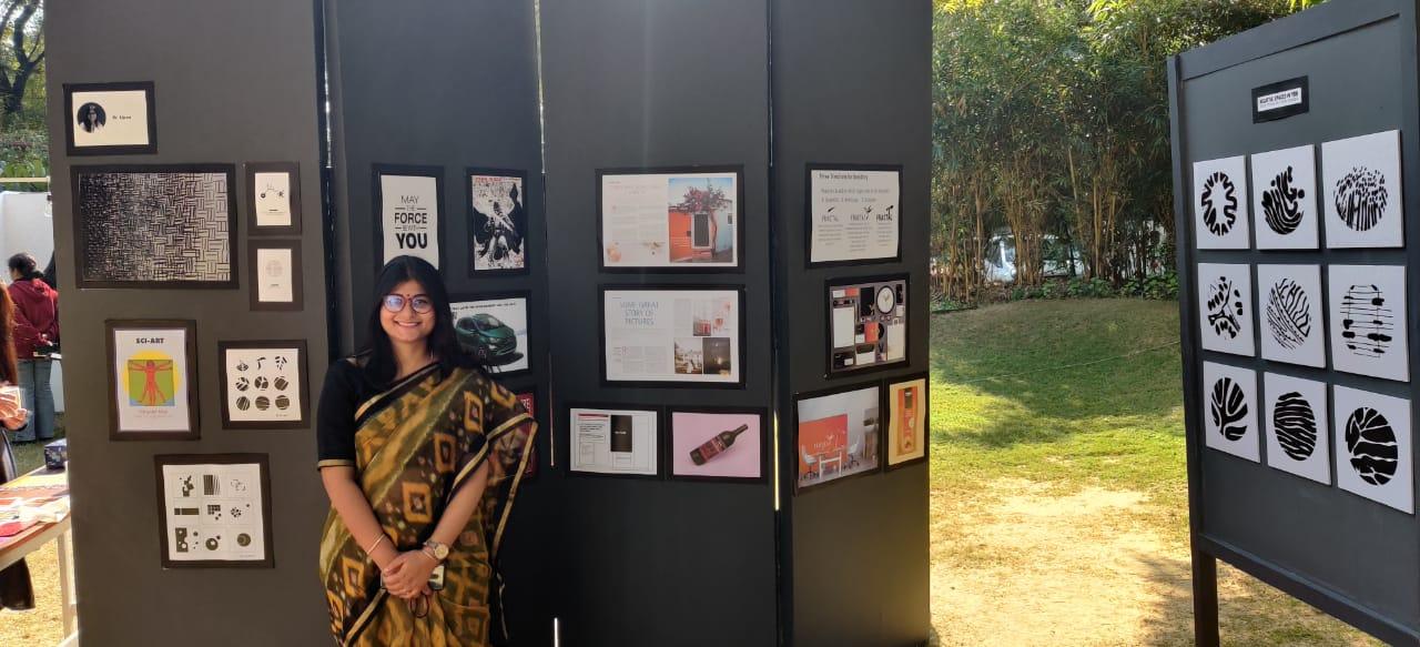 Exhibition at SACAC: With my selected design projects at the end of my certificate course in graphic design. The board on the right has patterns from cellular spaces. 2020. Picture Credit: Rintu Kutum.