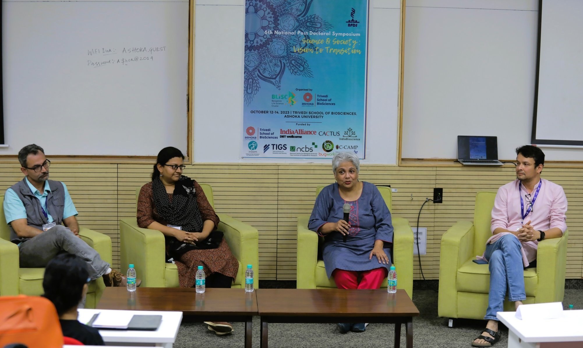 Panel discussion on the practical aspects of starting a lab (L to R: Dhananjay Chaturvedi, Mridula Nambiar, Shubha Tole, Imroze Khan). Picture Credits: Gaurav Kumar.