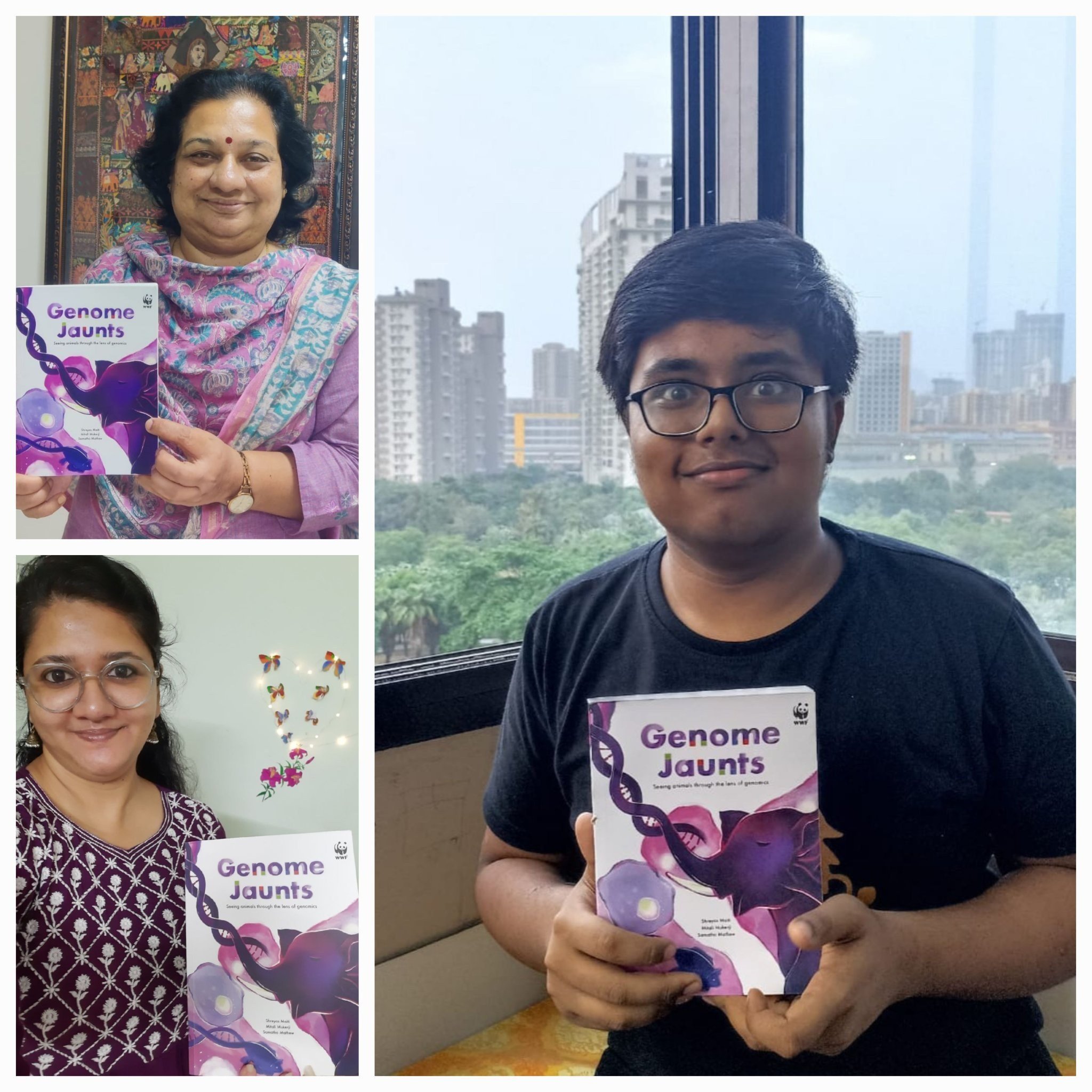 The authors Shreyas Maiti, Mitali Mukerji and Samatha Mathew pose with the printed copies of Genome Jaunts published by WWF-India in July 2023.